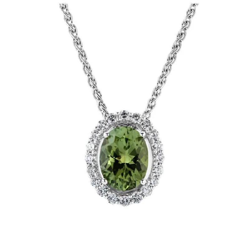 18ct White Gold Oval Cut Mint Tourmaline & Diamond Halo Cluster Pendant & Chain