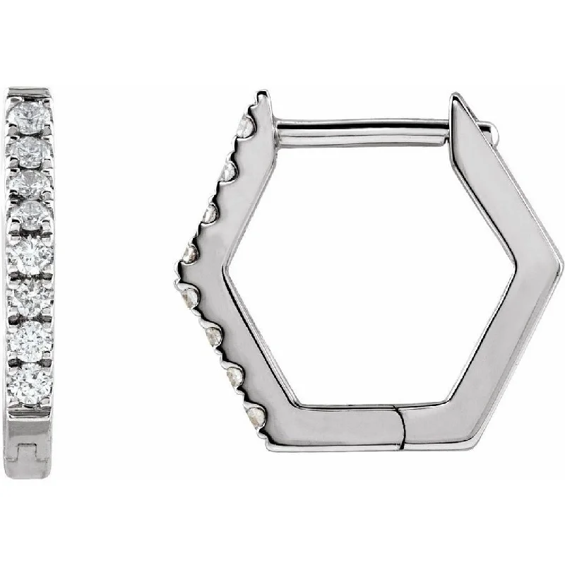 Curata 14k White Gold Hinged Posts Polished 0.13 Carat Diamond Geometric Hoop Earring