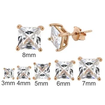 Sterling Silver Casting Rose Gold Plated Solid Square Cubic Zirconia Stud Earring