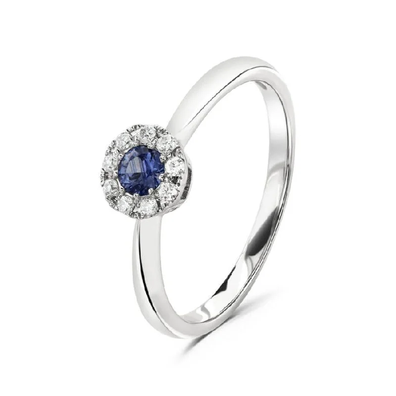 18ct White Gold Round Cut Sapphire & Diamond Halo Cluster Ring