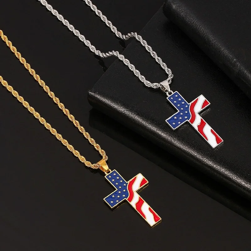 Men Necklace Polished American National Flag Print All Match Faith Colorful Cross Shape Men Pendant For Gift - no