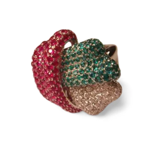 Gorgeous 18K White Gold Diamond Emerald Ruby Knot Band Ring