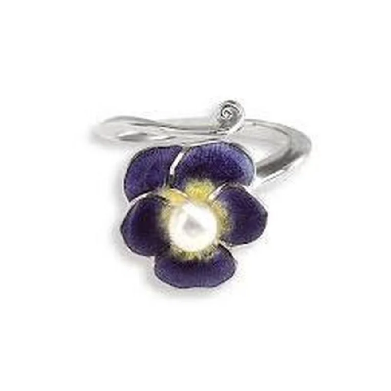 Silver & Enamel Pearl Set Purple Pansy Ring