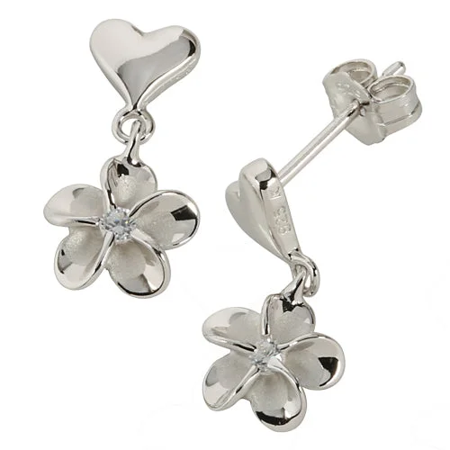 Sterling Silver Rhodium Heart Plumeria Stud Earring 8mm