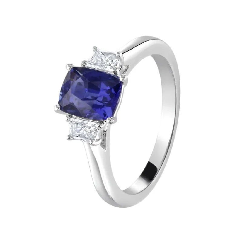 Platinum Cushion Cut Sapphire & Trapezoid Cut Diamond Trilogy Ring