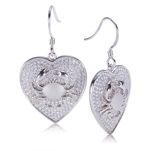 Sterling Silver Pave Cubic Zirconia Crab in Heart Hook Earring