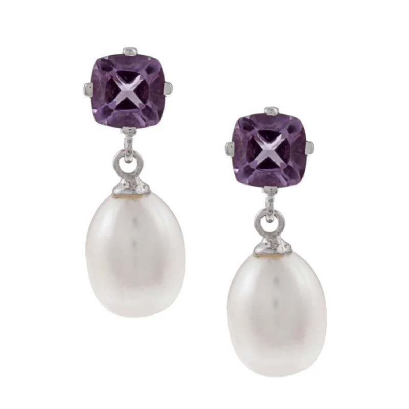 DaVonna Silver FW Pearl and Amethyst Dangle Earring (8-8.5 mm)