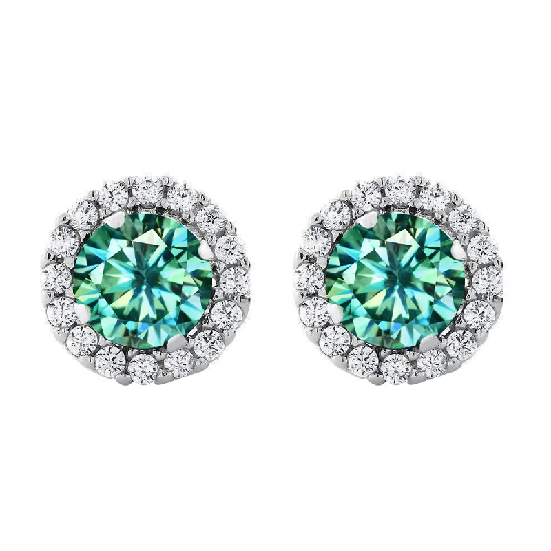 Sterling Silver with Green Moissanite & White Topaz Halo Stud Earring