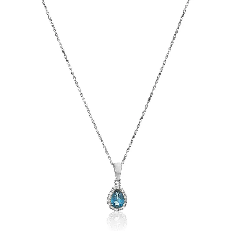 10k White Gold London Blue Topaz and Created White Sapphire Gemstone Pear Halo Pendant Necklace