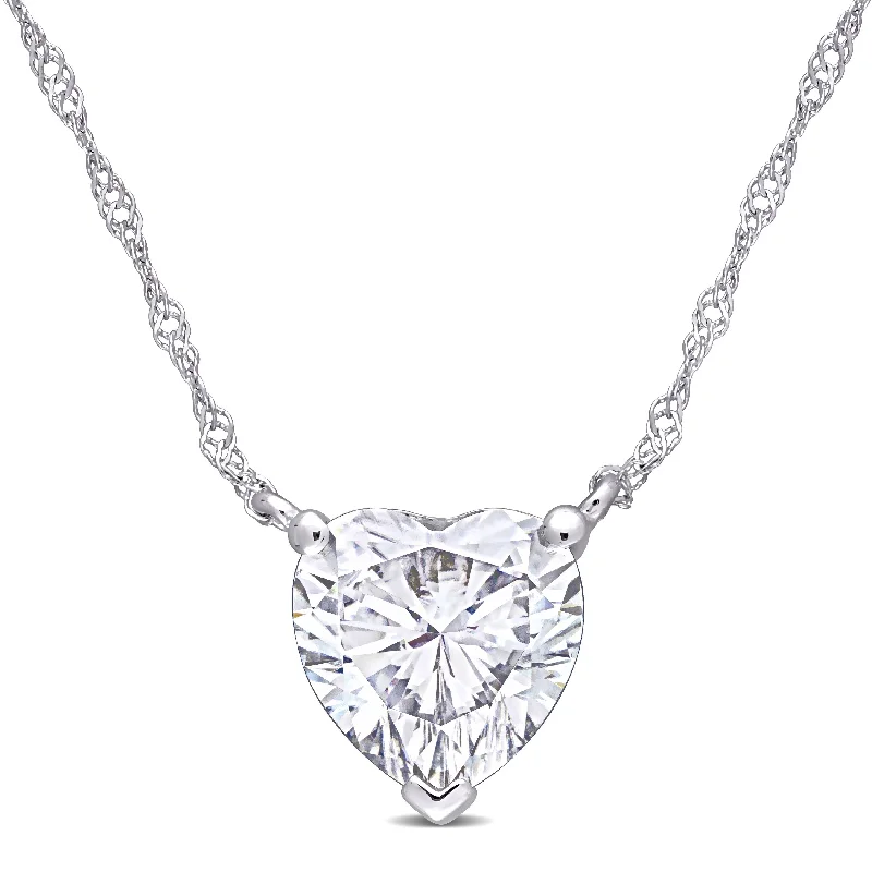 Miadora 2ct DEW Moissanite Solitaire Heart Station Necklace in 10k White Gold