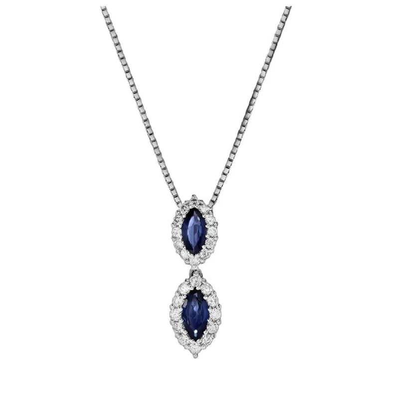 18ct White Gold Marquise Cut Sapphire & Diamond Halo Cluster Drop Pendant