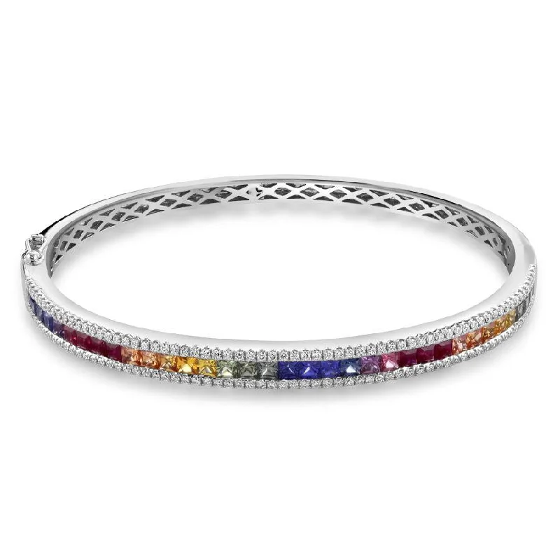 18ct White Gold Rainbow Sapphire & Diamond 3-Row Bangle