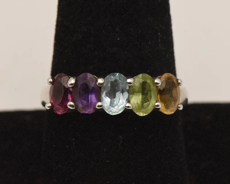 Vintage Multi Color Gemstone Sterling Silver Ring - Size 9