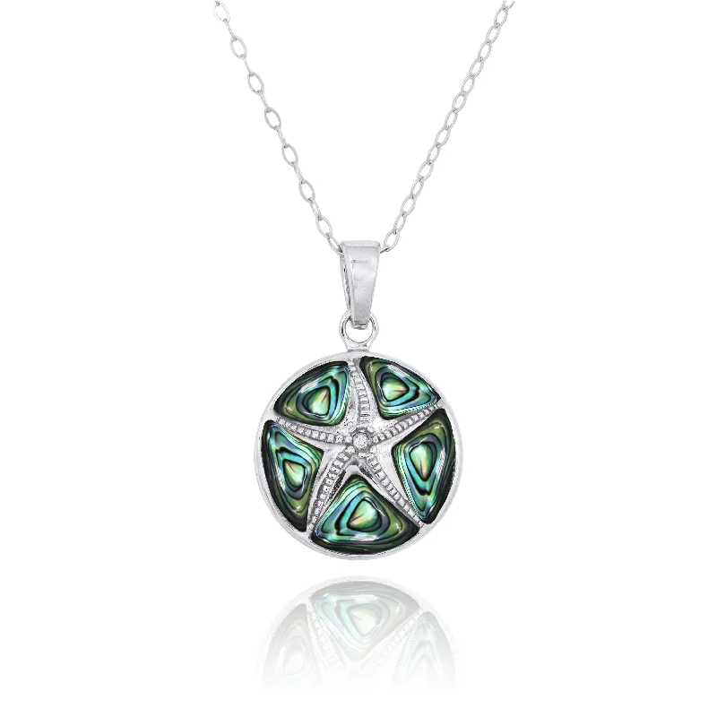 Sterling Silver Starfish with Crystal and Abalone Shell Pendant Necklace