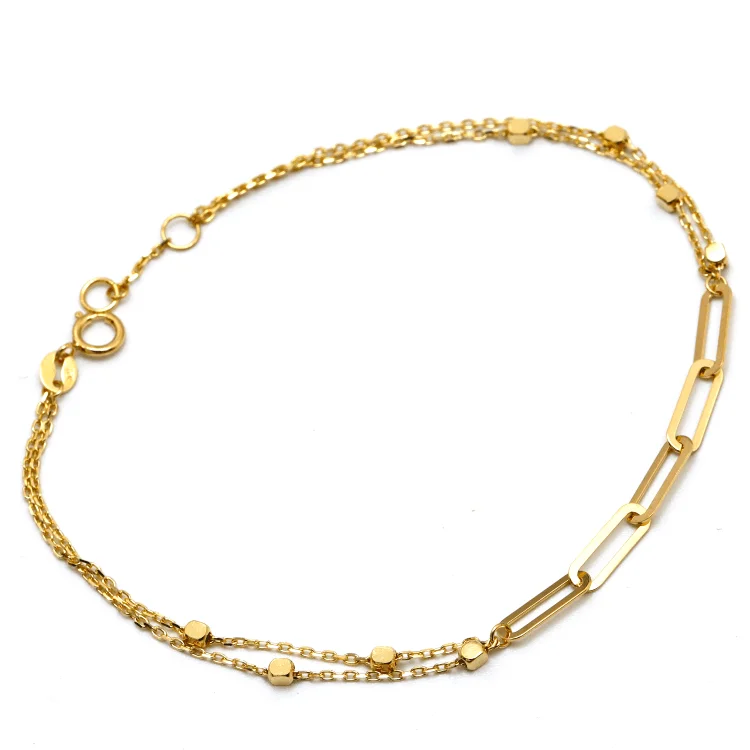 Real Gold Dual Chain Paper Clip With Square Cube Beads GZTF Adjustable Size Bracelet 8903 BR1593