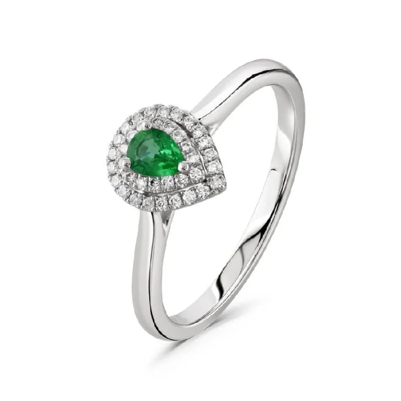 Platinum Pear Cut Emerald & Diamond Double Halo Cluster Ring