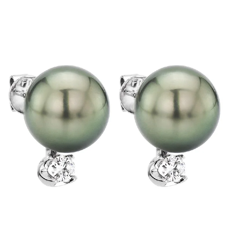 DaVonna 14k White Gold Black Tahitian Pearl and 0.20ct Diamond Stud Earring