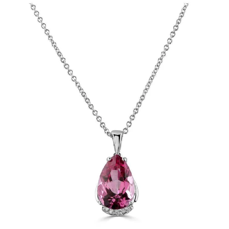 18ct White Gold Pear Cut Pink Topaz & Diamond Pendant & Chain