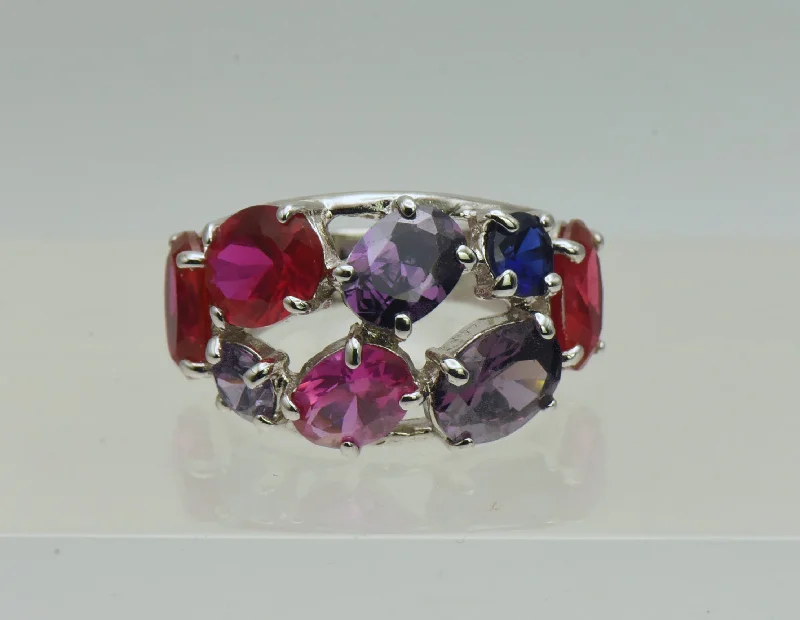 Vintage Sterling Silver Synthetic Ruby and Sapphires, CZ Ring - Size 6.25