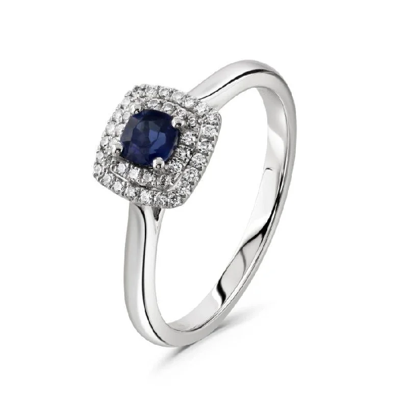 Platinum Round Cut Sapphire & Diamon Cushion Shaped Double Halo Cluster Ring