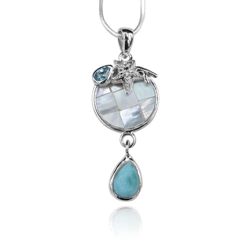 Starfish Pendant Necklace with Blue Topaz, Mother of Pearl Mosaic and Larimar Stone