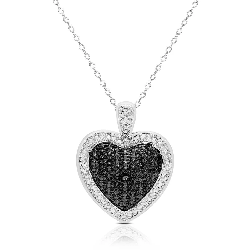 Finesque Silver Overlay Black Diamond Accent Heart Necklace