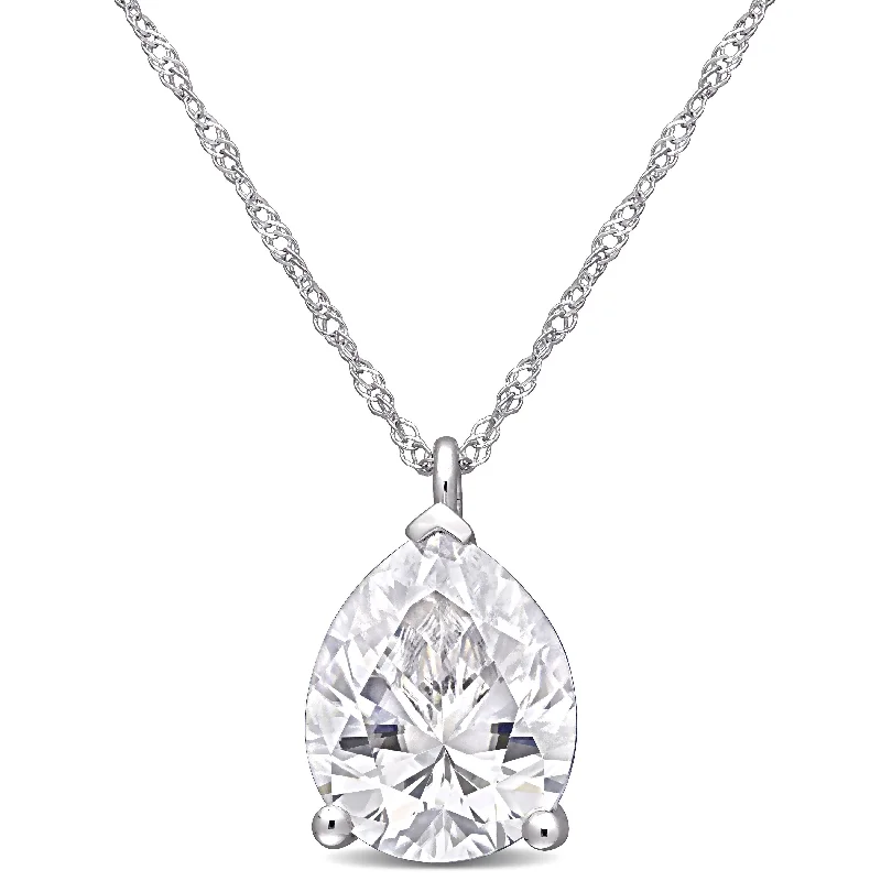 Miadora 3 1/4ct DEW Moissanite Solitaire Teardrop Necklace in 14k White Gold - 14 mm x 17 inch x 9 mm