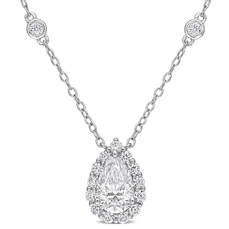 Miadora 1 1/2ct DEW Pear-cut Moissanite Teardrop Halo Station Necklace in Sterling Silver