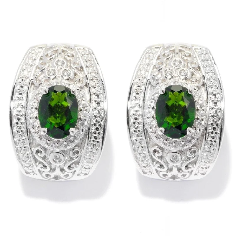 925 Sterling Silver White Natural Zircon,Chrome Diopside Huggies Earring