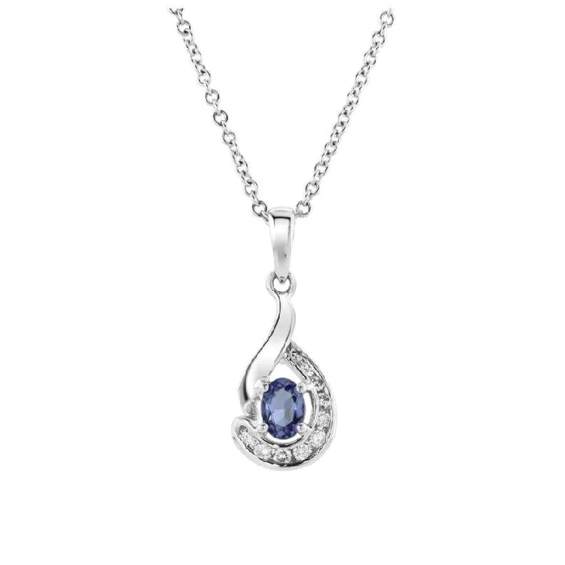 18ct White Gold Oval Cut Tanzanite & Diamond Teardrop Shaped Pendant & Chain