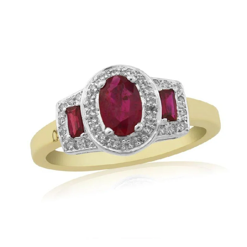 9ct Yellow Gold Oval & Rectangular Cut Ruby & Diamond Triple Cluster Ring