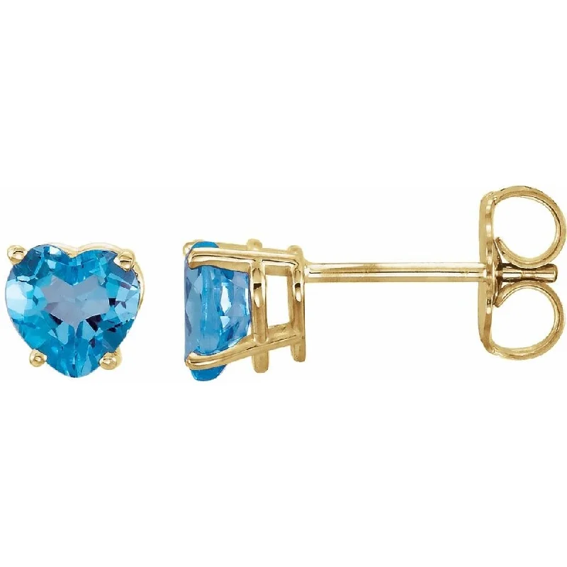 14k Yellow Gold Swiss Blue Topaz Heart Stud Earring for Women