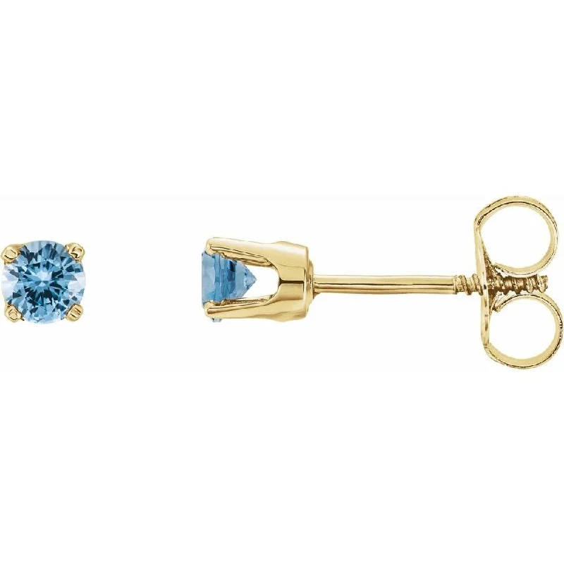 14k Yellow Gold 3 mm Round Aquamarine Youth Birthstone Stud Earring for Women