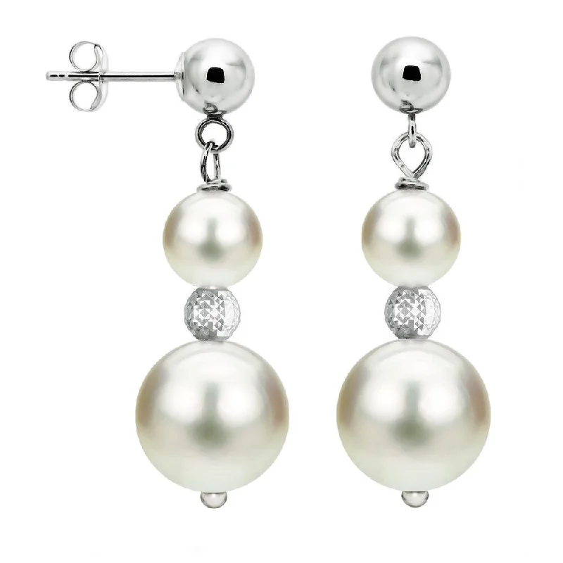 DaVonna Sterling Silver 6-6.5mm and 9-10mm White Freshwater High Luster Pearl Dangle Stud Earring