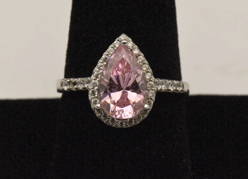 Vintage Sterling Silver Pink Cubic Zirconia Halo Ring - Size 9.25 - Missing Stone