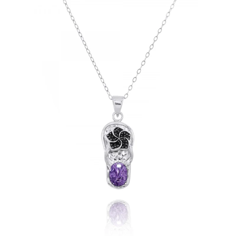 Flip Flop Pendant Necklace with Charoite and Black Spinel Hibiscus Flower