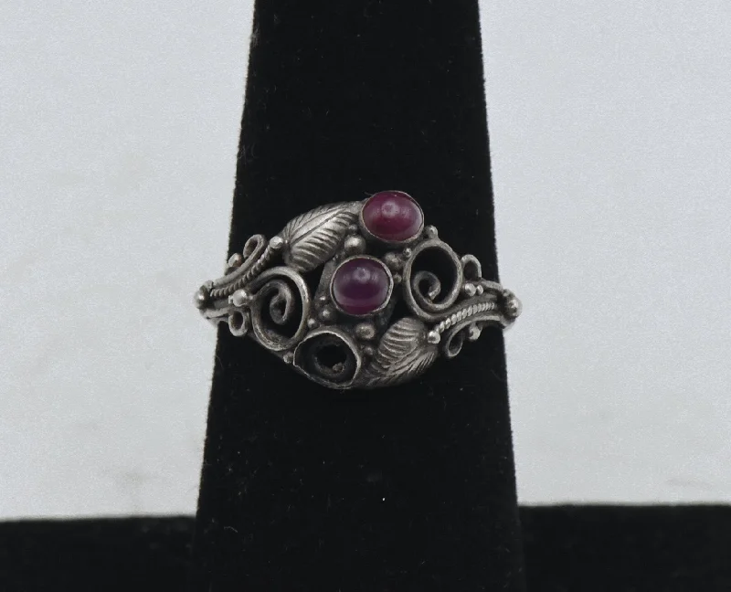 Vintage Handmade Sterling Silver and Ruby Art Nouveau Style Ring - Size 6.25