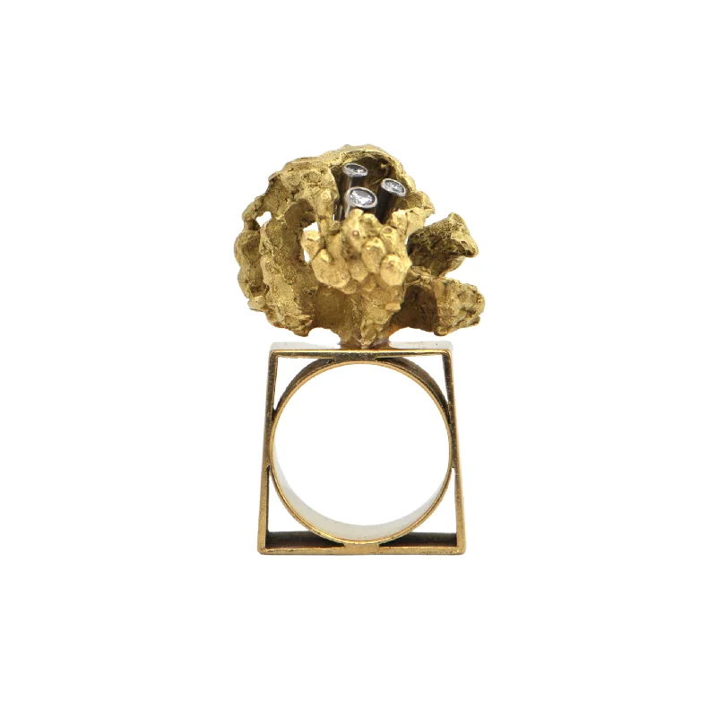 Mid-Century Brutalist Style Diamond 18k Gold Ring-Attributed to Walter Schluep