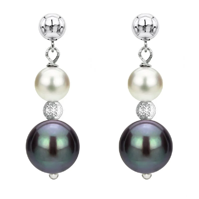 DaVonna Sterling Silver 6-6.5mm and 9-10mm White & Black Multi Color Freshwater High Luster Pearl Dangle Stud Earring