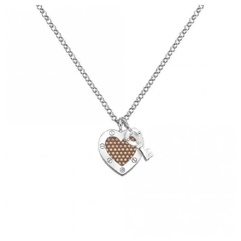 Silver & Rose Gold Plated Lock In Love Beaded Heart Pendant & Chain