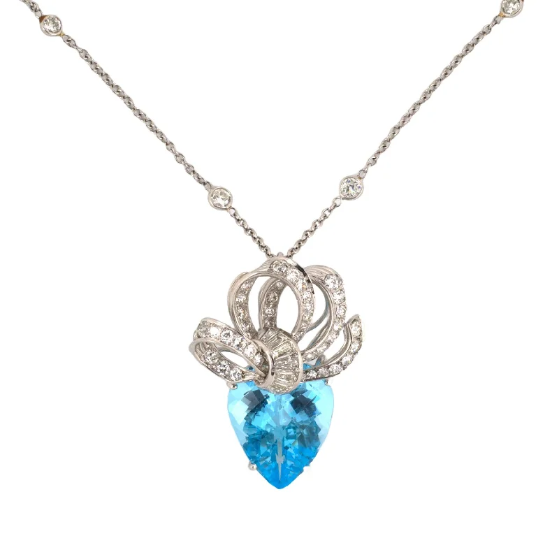 Blue Topaz & Diamond Ribbon Bow Pendant Necklace