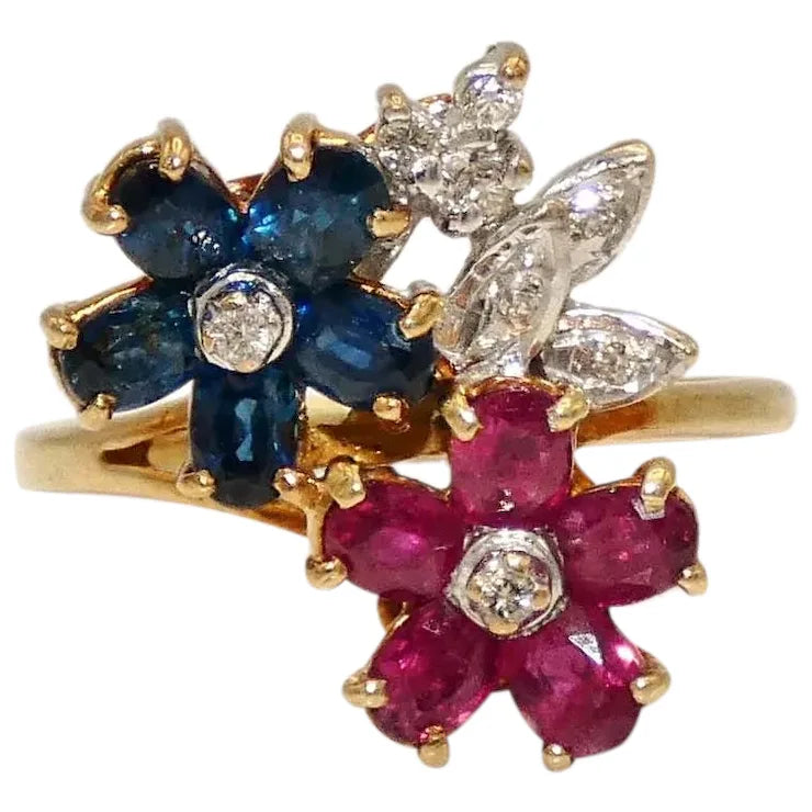 14K Gold Ruby, Sapphires, & Diamond Flower Ring