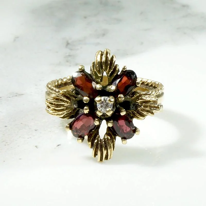 Gold & Garnet Petaled Flower Ring