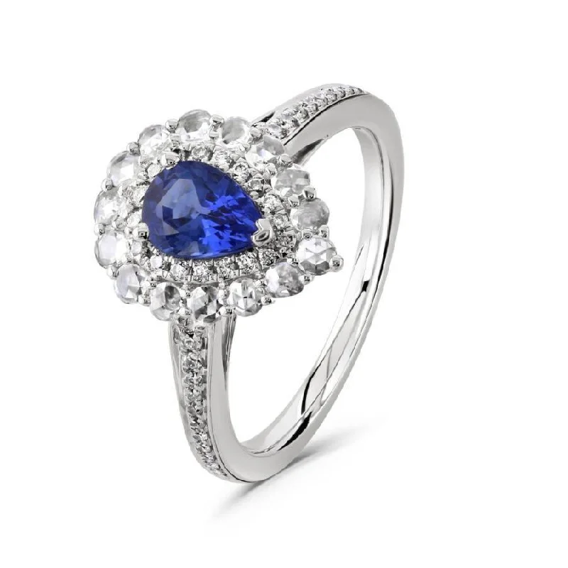 18ct White Gold Pear Cut Sapphire & Diamond Double Halo Cluster Ring with Diamond Shoulders