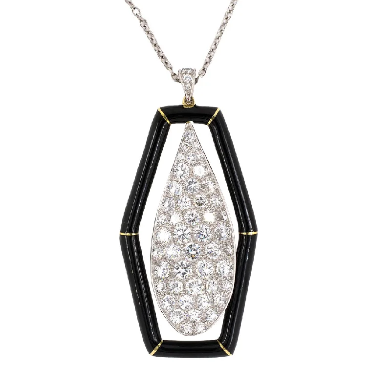 Diamond & Enamel Drop Dangle Pendant Necklace