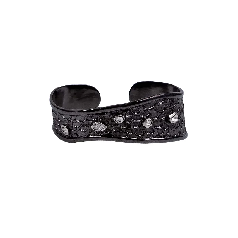 Silver and Black Rhodium Raw Diamond Cuff - 5 Diamonds