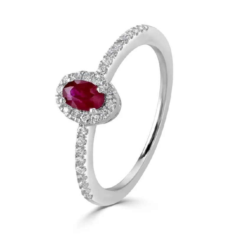 9ct White Gold Oval Cut Ruby & Diamond Halo Cluster Ring with Diamond Shoulders