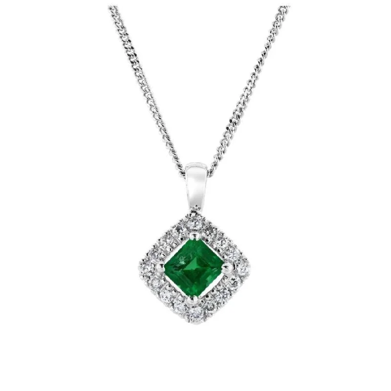 18ct White Gold Square Cut Emerald & Diamond Halo Cluster Pendant & Chain