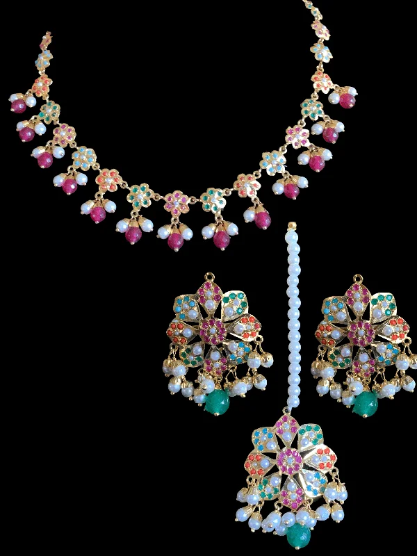 NS328 Alea punjabi Jadau necklace  set - navratan    (SHIPS IN 4 WEEKS )