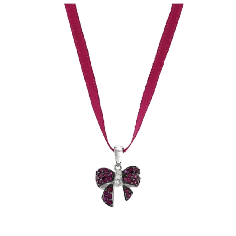 18ct White Gold Ruby & Diamond Set Bow Pendant